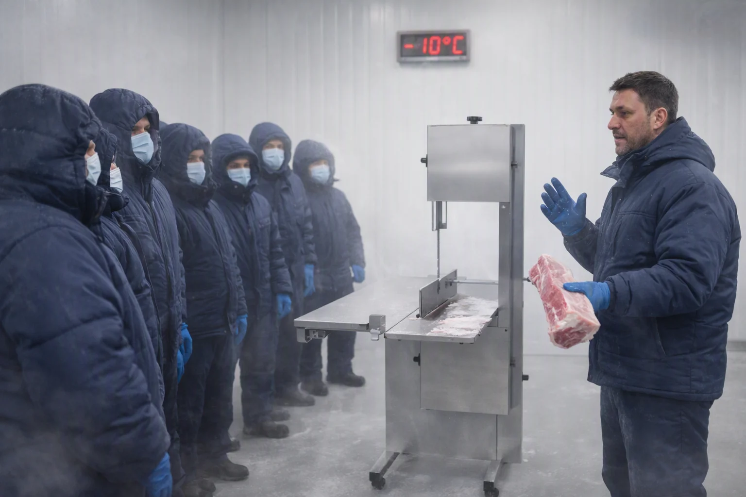 Instructor especialista en alimentos y bajas temperaturas impartiendo capacitación de maquinaria en el interior de una cámara de congelación