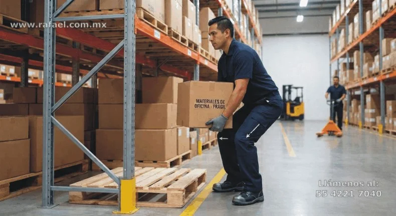Trabajador realizando el levantamiento ergonómico manual de una caja de cartón
