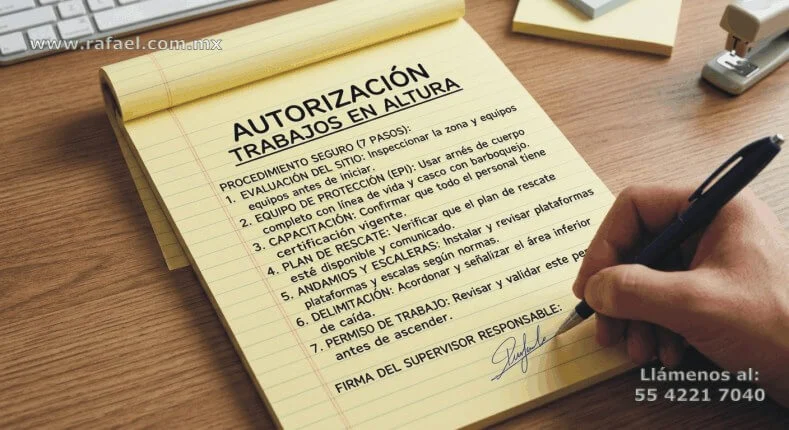Autorización por escrito de los trabajadores que realiza trabajos en altura, colocada sobre un escritorio