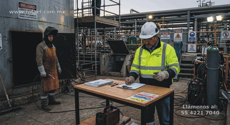 Soldador siendo autorizado para realizar trabajos en el interior de un contenedor