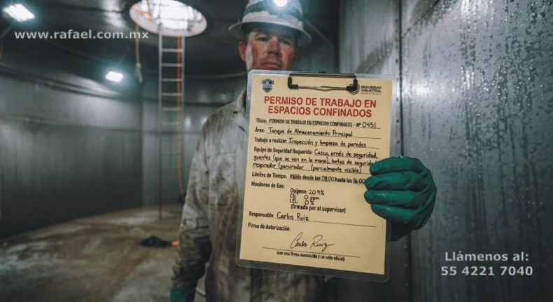 Ejemplo de un PERMISO DE TRABAJO EN ESPACIOS CONFINADOS, un Trabajador exhibiendo el permiso para realizar trabajo en el 
         interior de una cisterna. En el mismo se indica: Area, Trabajo a realizar, Equipo de protección personal, Límites de tiempo 
         Monitoreo de gas, Responsable y Nombre del trabajador que realizará las actividades.