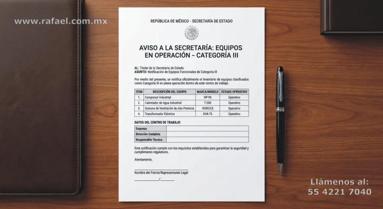 Formato de Aviso a la Secretaría del Trabajo, del funcionamiento de un recipiente sujeto a presión