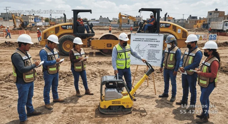 Personal siendo capacitado para operar compactadora de suelo, y alteraciones a la salud por vibraciones.