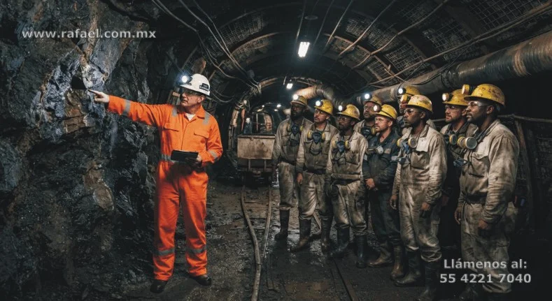Ingeniero explicando los riesgos en el interior de una mina subterránea de carbón