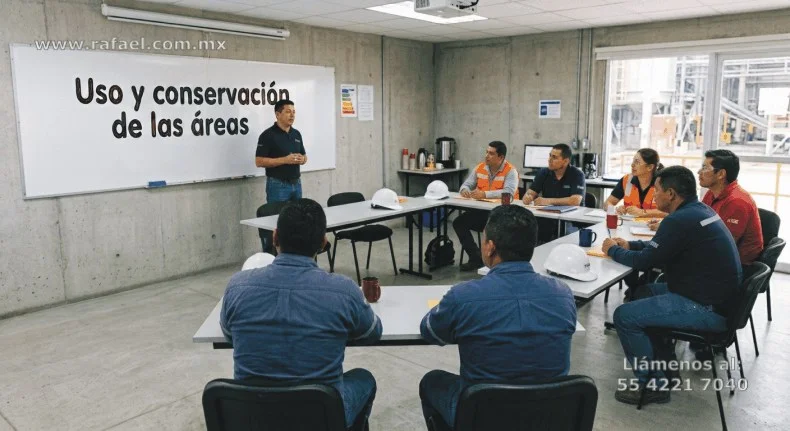 Grupo de trabajadores recibiendo capacitación y adiestramiento en relación al Uso y conservación de las áreas de trabajo