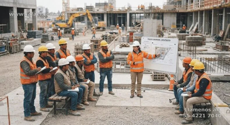 Arquitecta capacitando al personal que laborará en la construcción