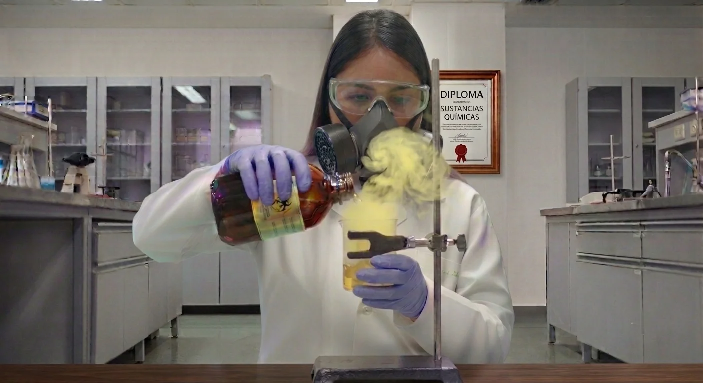 Laboratorista químico realizando trasvasado de una sustancia química peligrosa, portando equipo de protección personal adecuado y completo