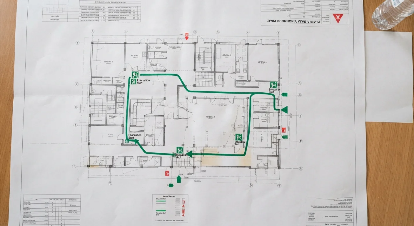 Croquis y plano general de rutas de evacuación y ubicación de extintores instalado en un pasillo
