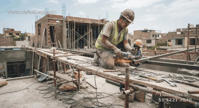 Albañil realizando trabajos de construcción de un cuarto en una casa habitación