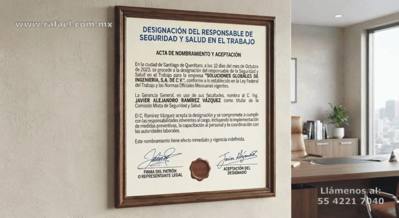 Documento enmarcado en la pared donde se realiza la designación del responsable de seguridad y salud