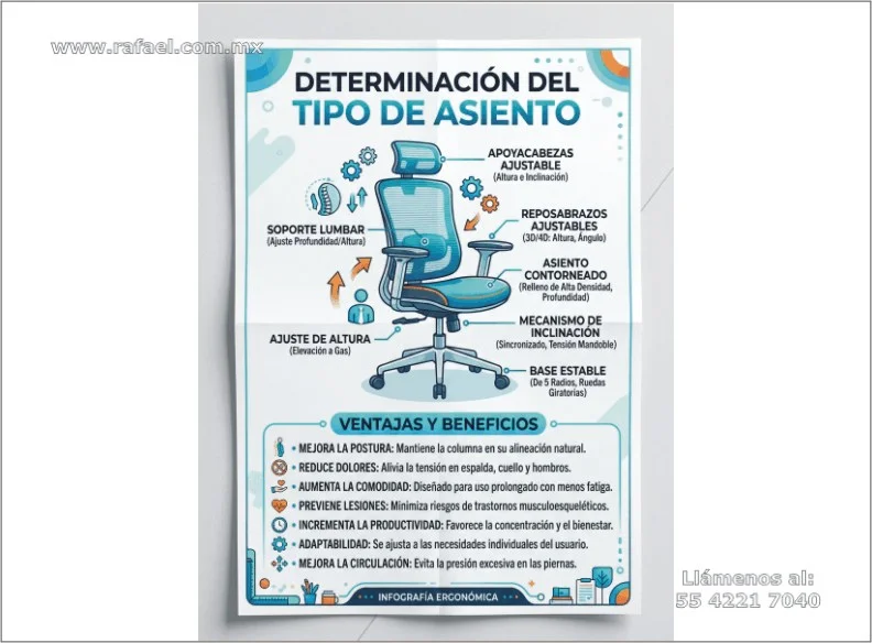 Cartel indicando las ventajas y beneficios de un tipo de asiento