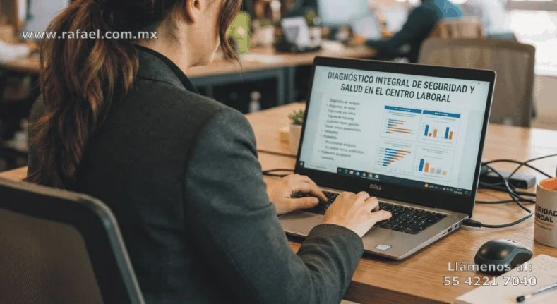 Persona frente a una computadora elaborando el diagnóstico de seguridad y salud en el trabajo
