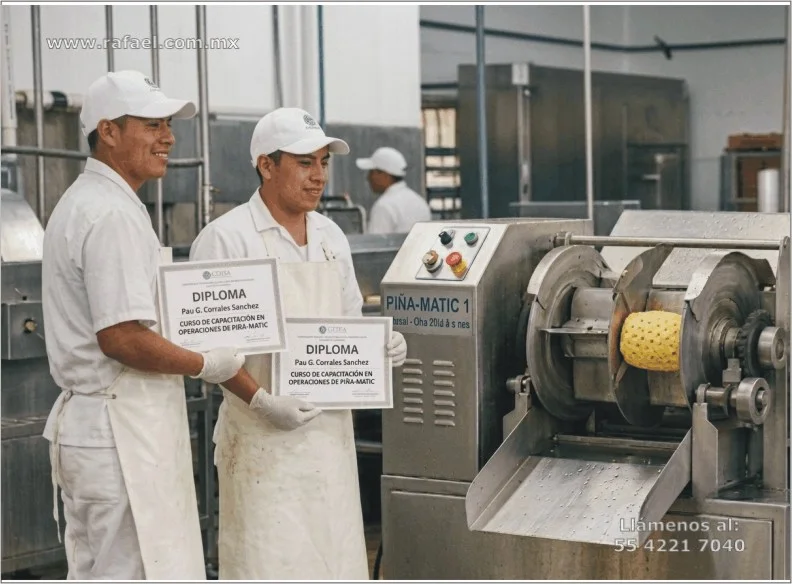 Personal de la empresa alimenticia exhibiendo sus diplomas por manejo de maquinaria
