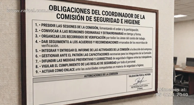 En el muro de la oficina se encuentran las obligaciones del Coordinador de seguridad e higiene
