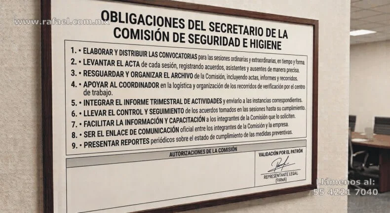 En el muro de la oficina se encuentran las obligaciones del Secretario de seguridad e higiene