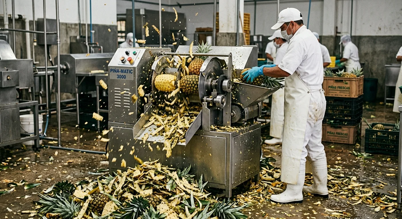 Trabajador operando maquina peladora de piñas