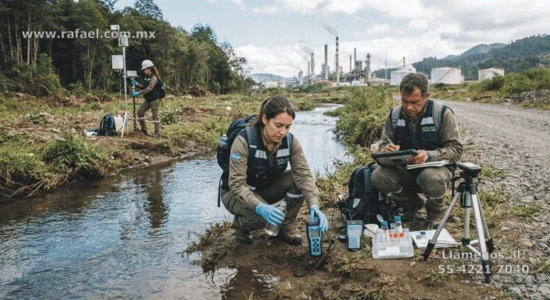 Equipo multidisciplinario de ecología realizando revisión e impacto de aguas residuales