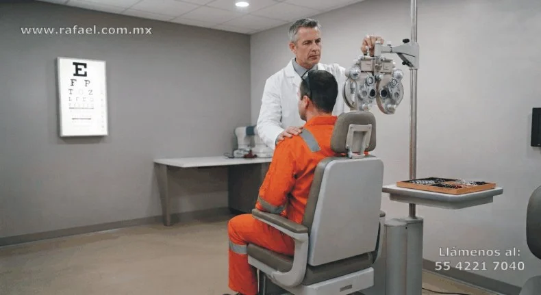 Oftalmólogo realizando examen de visión a un trabajador.