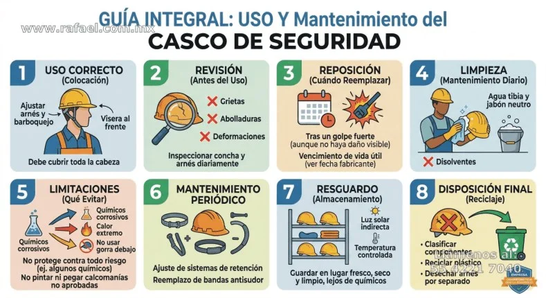 Uso, revisión, reposición, limpieza, limitaciones, mantenimiento, resguardo y disposición final del equipo de protección personal.