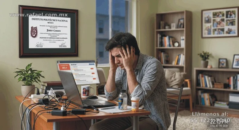 Ejemplo de un Trabajador estresado por el trabajo excesivo en modalidad del teletrabajo, más de las 22:00 horas y aún se encuentra laborando.