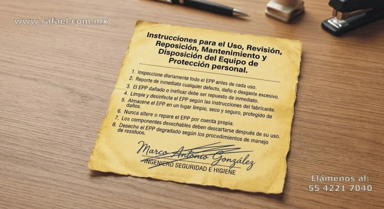 hoja sobre un escritorio mostrando procedimientos para el uso, revisión, reposición, limpieza, limitaciones, 
        mantenimiento, resguardo y disposición final del equipo de protección personal