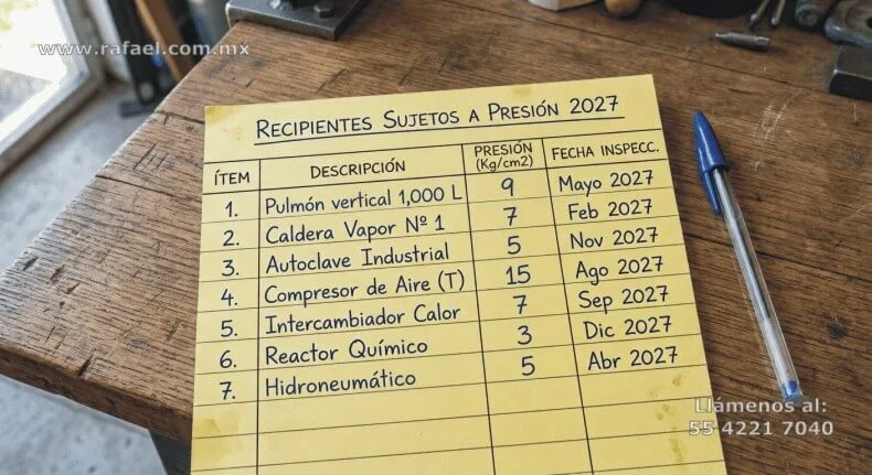 Hoja donde se muestran todos los recipientes sujetos a presión con que cuenta la empresa