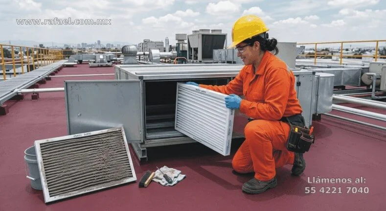 Técnico realizando mantenimiento preventivo de un sistema de ventilación artificial en azotea