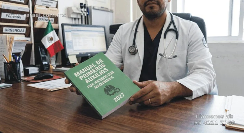 Médico exhibiendo el manual de primeros auxilios específico para las lesiones con la maquinaria y equipos