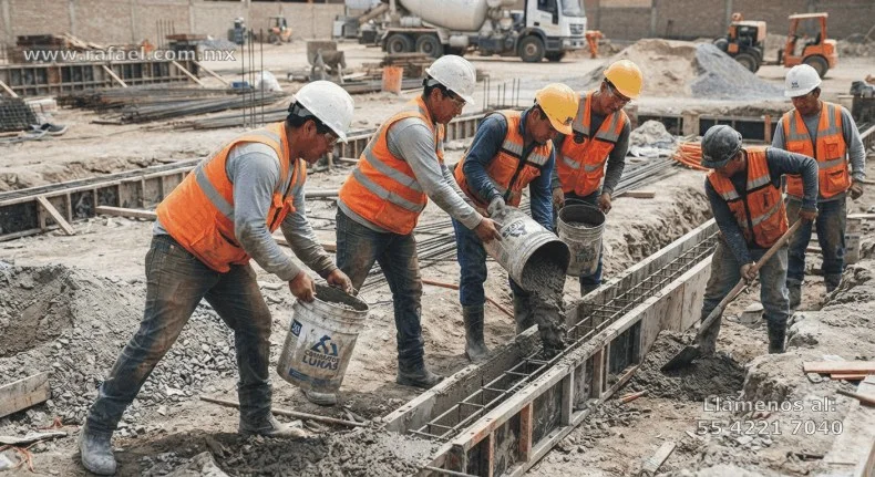 Trabajadores realizando el acarreo de concreto siguiendo medidas ergonómicas por manejo manual de cargas