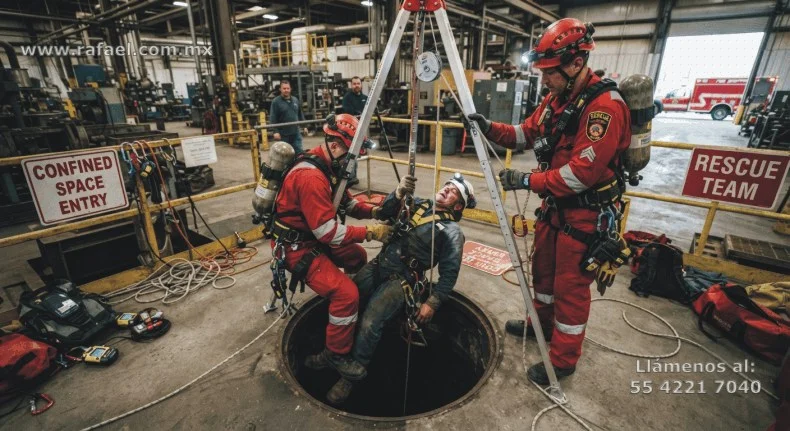 Ejemplo de Trabajadores realizando el rescate de un trabajador del interior de una cisterna. Ambos portan equipo de respiración 
         autónoma, así como equipo para extracción del accidentado.