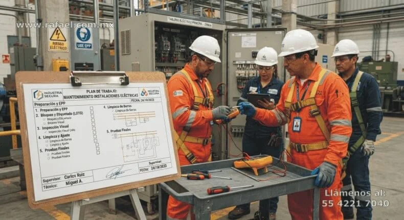 Ingenieros electricistas implementando el plan de trabajo de mantenimiento de instalaciones eléctricas