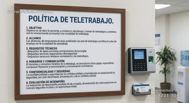 Ejemplo de Política de teletrabajo a implementarse, misma que indica Objetivo, Alcance, Requisitos técnicos, Horarios y comunicación, Confidencialidad y seguridad, y Evaluación de desempeño.