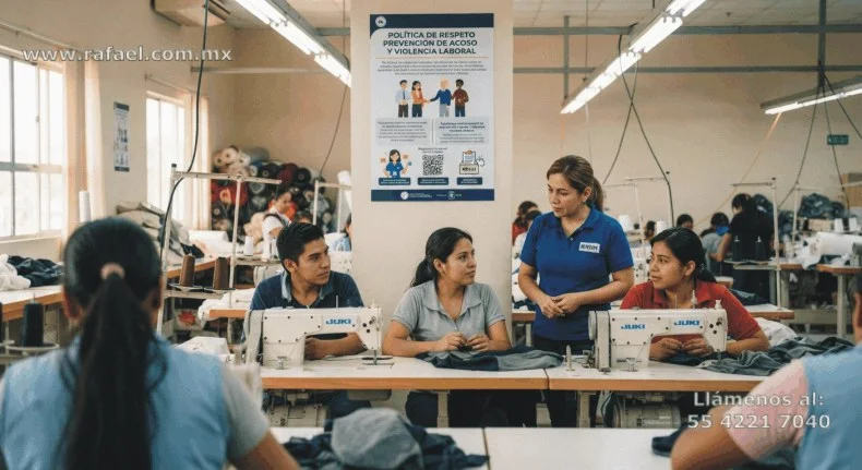 Letrero exhibiendo las políticas de la empresa, y coordinadora indicando a trabajadores