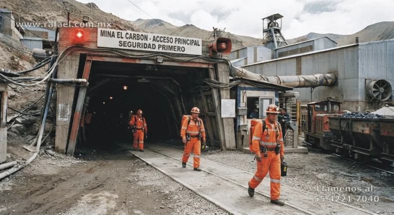 Trabajadores evacuando una mina de carbón al ser activada la alarma audible y visible