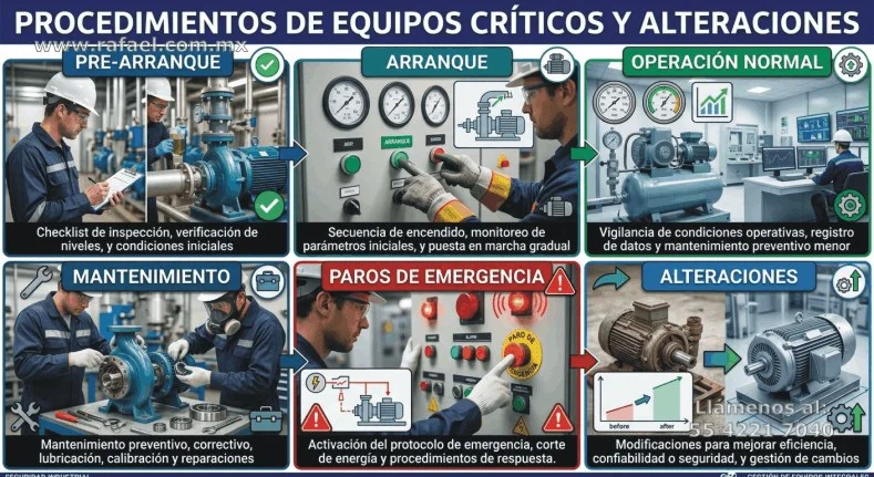 Procedimientos de: Prearranque, Arranque, Operación normal, Paros de emergencia y Alteraciones de los equipos críticos