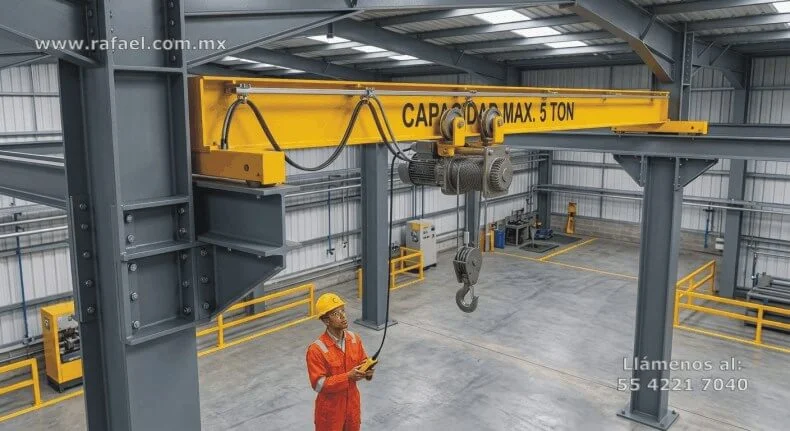 Trabajador realizando pruebas de instlación de una grúa de rieles, en el interior de una nave