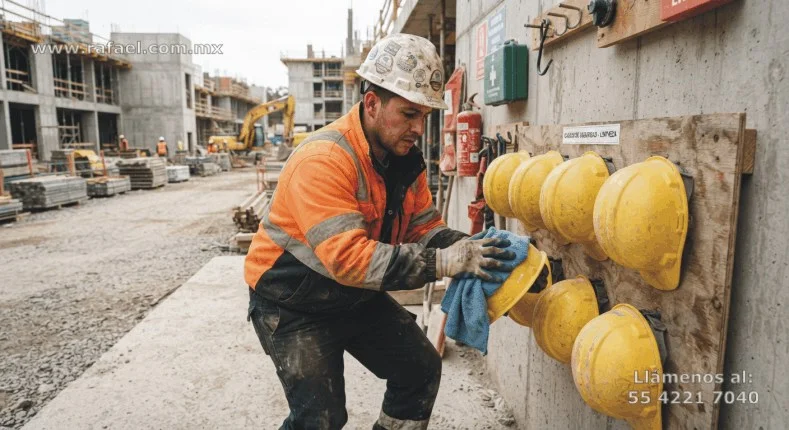 Trabajador proporcionando limpieza y mantenimiento a los cascos