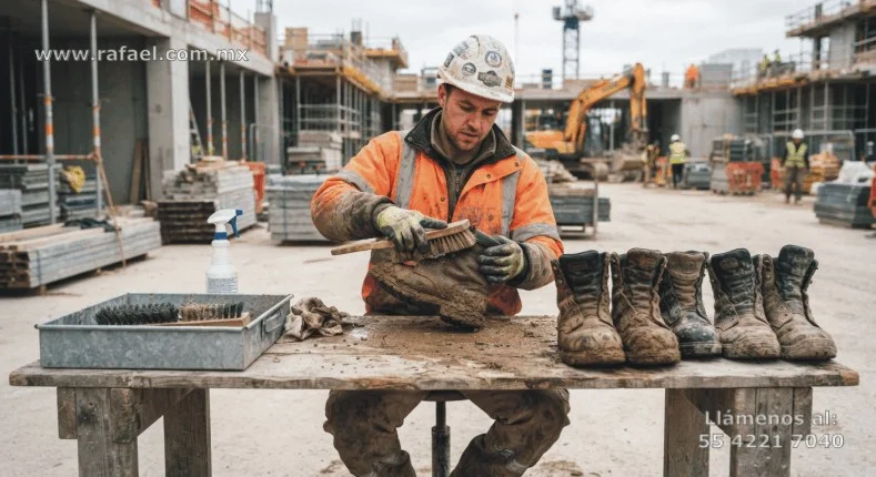 Trabajador dando mantenimiento al calzado de seguridad