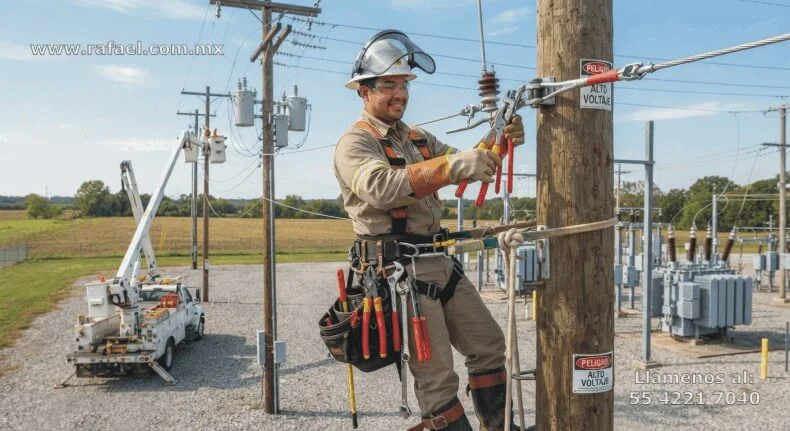 Ingeniero electricista realizando el mantenimiento a un transformador en un poste de madera