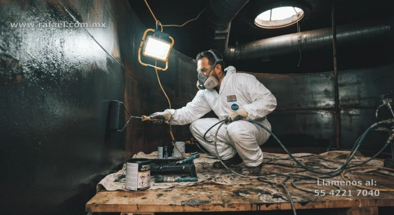 Trabajador ejecutando recubrimiento en cisterna, empleando protección respiratoria, googles, guantes, calzado y traje tivek, según 
         la NOM-033-STPS-2015.