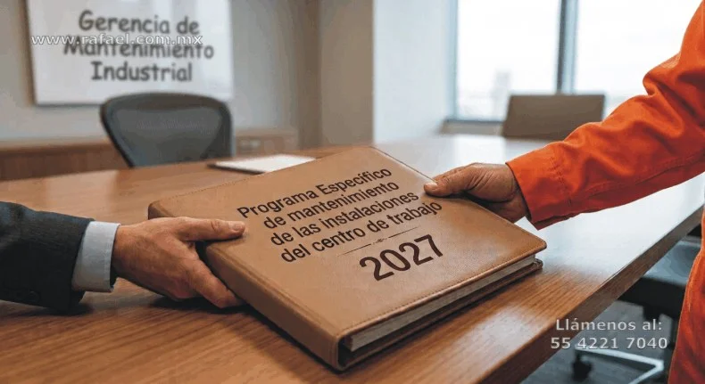 Encargado de mantenimiento entregando el Programa de mantenimiento específico al personal administrativo para autorización del presupuesto 2027