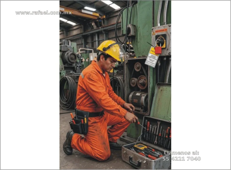 Trabajador dando mantenimiento a una máquina, utilizando las medidas de seguridad adecuadas
