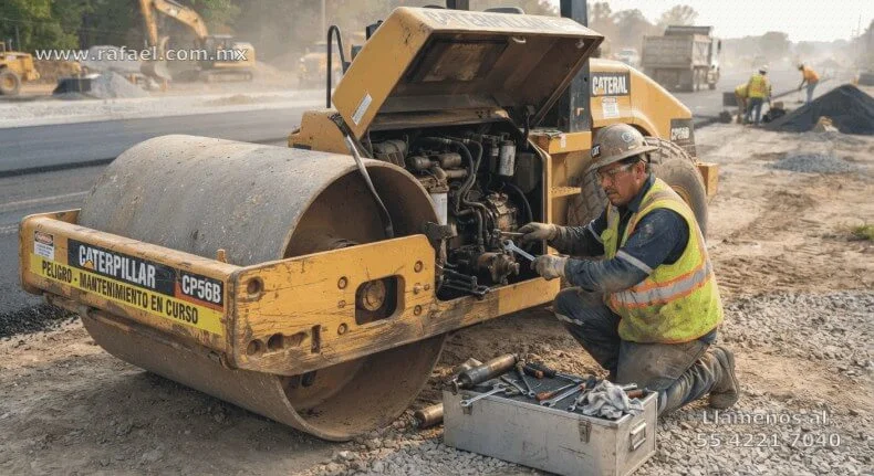 Trabajador dando mantenimiento a una aplanadora