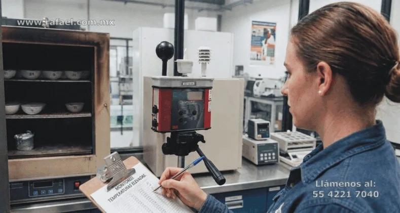 Especialista realizando la medición de las temperaturas elevadas en un horno de mufla