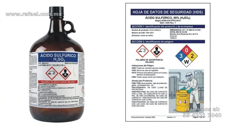 Hoja de seguridad comparada con la etiqueta del recipiente que contiene la sustancia química peligrosa