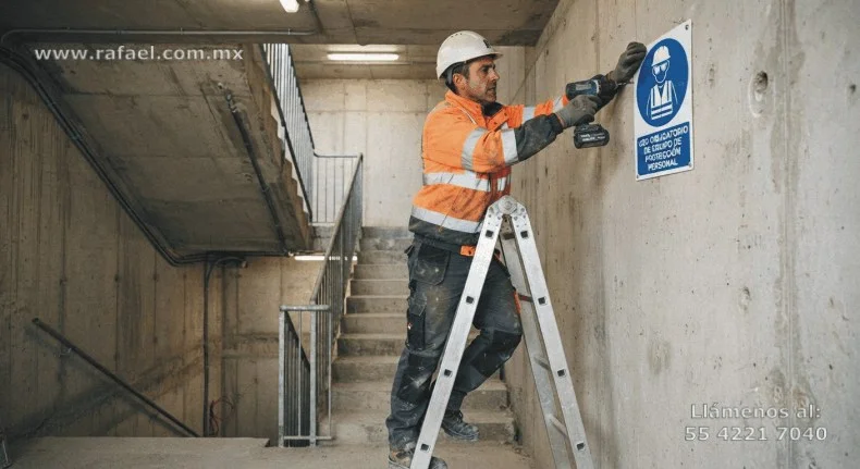 Trabajador colocando señalización en toda la obra
